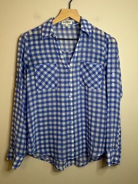 Women’s Express Portofino shirt in blue & white checkered gingham pattern size S